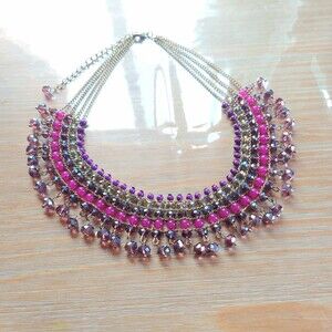 Vintage Beaded Brass Bib Necklace with Crystals